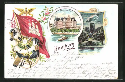 Lithographie Hamburg-Neustadt, Hotel Hamburger Hof mit Dampfer, Partie im zoologischen Garten, Wappen