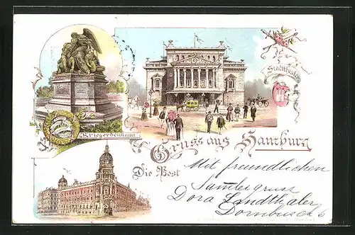 Lithographie Hamburg-Neustadt, Die Bost, Stadttheater, Kriegerdenkmal