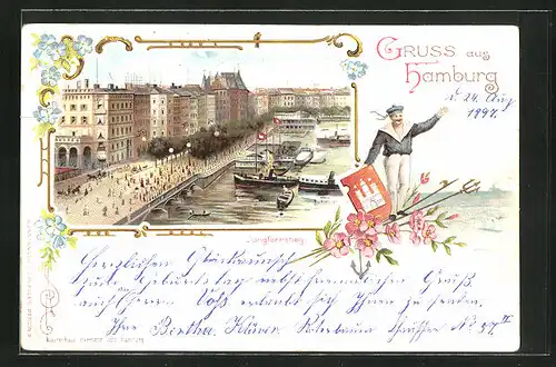 Lithographie Hamburg-Neustadt, Jungfernstieg mit Alster und Stadtansicht, Wappen