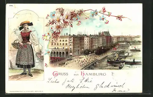 Lithographie Hamburg-Neustadt, Alster mit Stadtansicht, Frau in Tracht