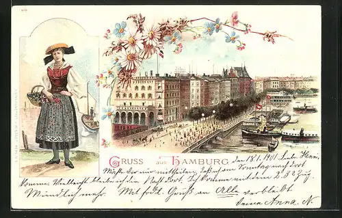 Lithographie Hamburg-Neustadt, Alster mit Stadtansicht, Frau in Tracht