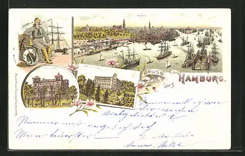 Lithographie Hamburg-Neustadt, Seemannshaus, Seewarte, Hafen mit Dampfer