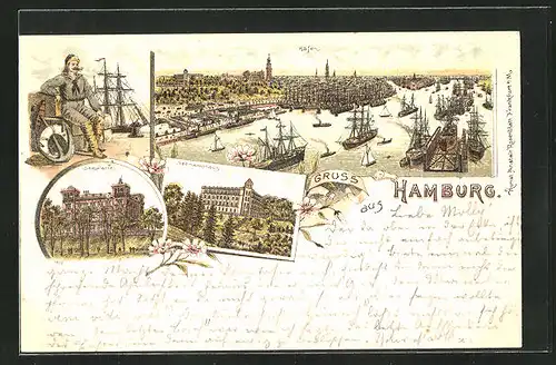 Lithographie Hamburg-Neustadt, Seemannshaus, Seewarte, Hafen mit Dampfer