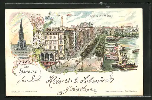 Lithographie Hamburg-Neustadt, Alter Jungfernstieg mit Alster, Nicolai-Kirche