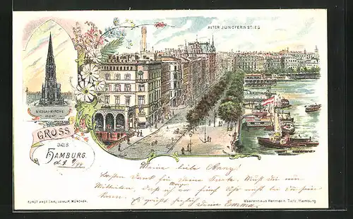 Lithographie Hamburg-Neustadt, Alter Jungfernstieg mit Alster, Nicolai-Kirche