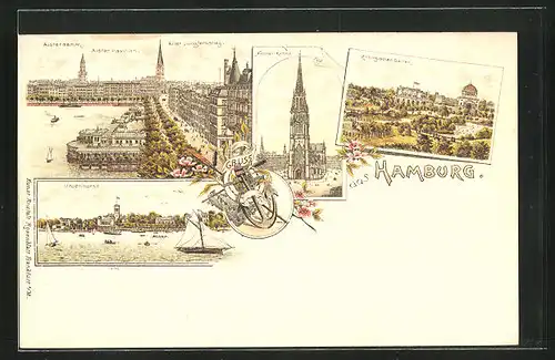 Lithographie Hamburg-Neustadt, Restaurant Alsterpavillon mit alter Jungfernstieg, Uhlenhorst, Zoologischer Garten