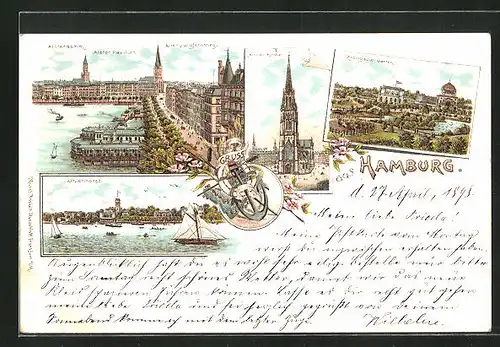 Lithographie Hamburg-Neustadt, Restaurant Alsterpavillon mit alter Jungfernstieg, Uhlenhorst, Zoologischer Garten