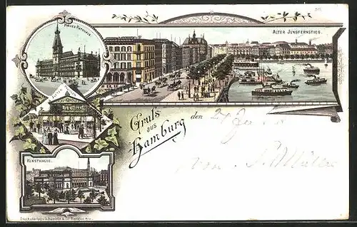 Lithographie Hamburg-Neustadt, Restaurant Alsterpavillon, Kunsthalle, Alter Jungfernstieg mit Dampfer