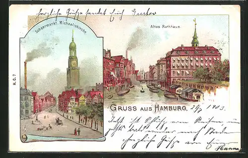 Lithographie Hamburg-Neustadt, Schaarmarkt mit Michaeliskirche, Altes Rathaus mit Kanal