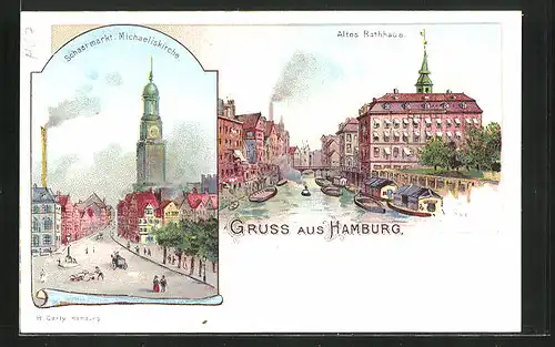 Lithographie Hamburg-Neustadt, Schaarmarkt mit Michaeliskirche, Altes Rathaus mit Kanal