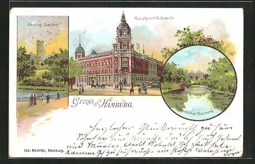 Lithographie Hamburg-Neustadt, Zoologischer Garten, Hauptpost-Gebäude, Botanischer Garten