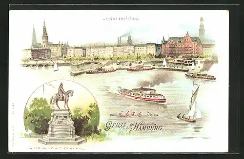 Lithographie Hamburg-Neustadt, Jungfernstieg mit Dampfer, Kaiser Wilhelm-Denkmal