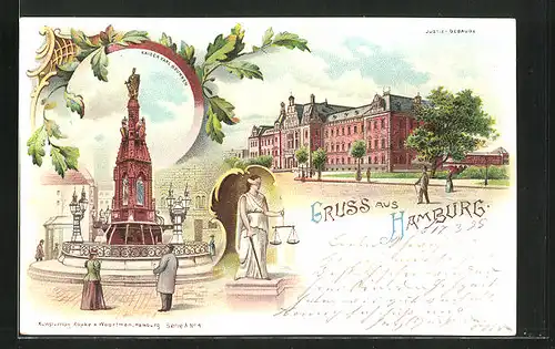 Lithographie Hamburg-Neustadt, Justiz-Gebäude, Kaiser Karl-Brunnen