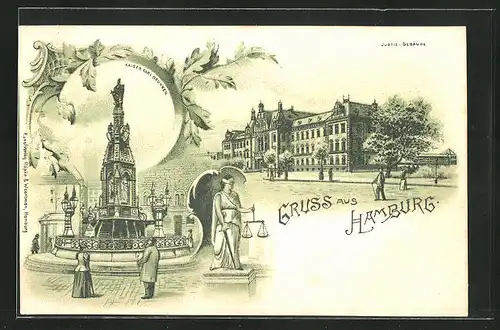 Lithographie Hamburg-Neustadt, Justiz-Gebäude, Kaiser Karl-Brunnen