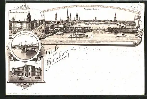 Vorläufer-Lithographie Hamburg-Neustadt, Lombardsbrücke, Börse, Alster-Bassin, 1895