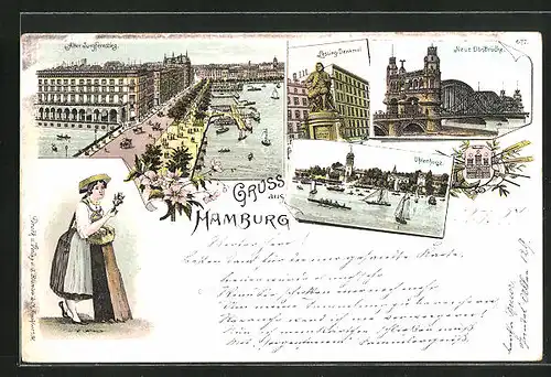 Lithographie Hamburg-Neustadt, Alter Jungfernstieg, Neue Elb-Brücke, Lessing-Denkmal