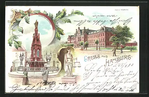 Lithographie Hamburg-Neustadt, Justiz-Gebäude, Kaiser Karl-Brunnen
