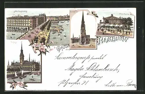 Lithographie Hamburg-Neustadt, Restaurant Alsterpavillon, Alter Jungfernstieg, Nicolai-Kirche