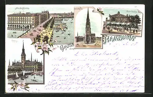 Lithographie Hamburg-Neustadt, Restaurant Alsterpavillon, Alter Jungfernstieg, Nicolai-Kirche