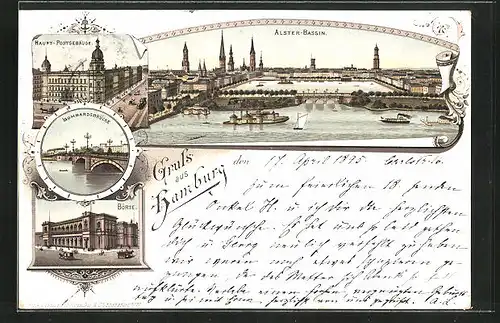 Vorläufer-Lithographie Hamburg-Neustadt, 1895, Alster-Bassin, Börse, Lombardsbrücke