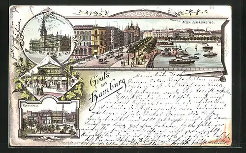 Lithographie Hamburg-Neustadt, Restaurant Alsterpavillon, Kunsthalle, Alter Jungfernstieg