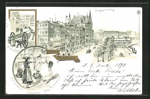 Lithographie Hamburg-Neustadt, Jungfernstieg mit Alster, Milchkarren, Vierländerin