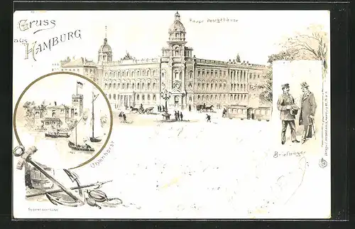 Lithographie Hamburg-Neustadt, Haupt-Postgebäude, Briefträger, Uhlenhorst