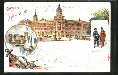 Lithographie Hamburg-Neustadt, Haupt-Postgebäude, Briefträger, Uhlenhorst