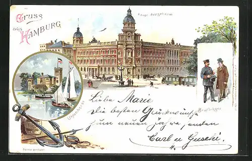 Lithographie Hamburg-Neustadt, Haupt-Postgebäude, Briefträger, Uhlenhorst