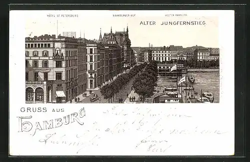 Vorläufer-Lithographie Hamburg-Neustadt, 1895, Hotel St. Petersburg mit Hotel Hamburger Hof