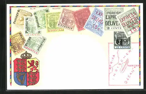 AK Mauritius, Landkarte, Briefmarken und Wappen