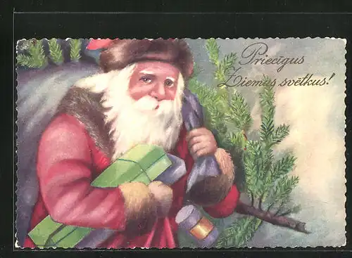 Künstler-AK Weihnachtsmann mit Tannenbaum und Geschenken