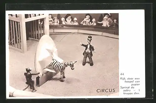 AK Zirkus aus Holzspielzeug, Kijk, door een hoepel van papier springt de zebra `t knappe dier