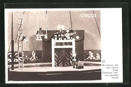 AK Zirkus aus Holzspielzeug, De toeren, die het meisje doet...