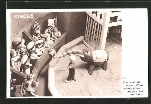 AK Zirkus aus Holzspielzeug, Dan stelt die brave olifant Janmaat een..., Elefant