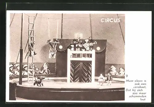 AK Zirkus aus Holzspielzeug, Maar clown is ook een acrobaat