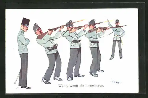 Künstler-AK Fritz Schönpflug: Whe, wenn sie losgelassen, Schützen mit Gewehr