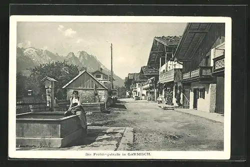 AK Garmisch, Frau am Brunnen in der Frühlingstrasse