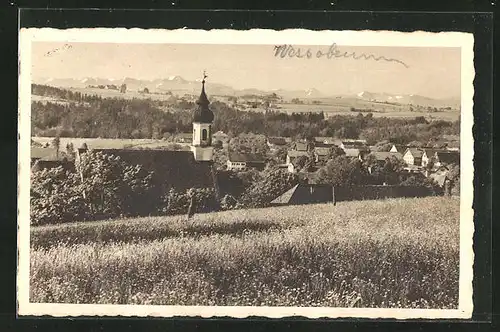 AK Wessobrunn, Ortsansicht mit Gebirgspanorama