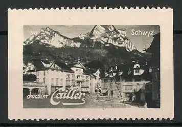 Reklamemarke Schwyz, Stadtansicht mit Gebirge, Chocolat Cailler, Bild 313