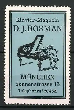 Reklamemarke Klavier-Magazin von D. J. Bosman, Sonnenstrasse 13, München, nackter Bube spielt am Klavier