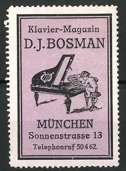 Reklamemarke Klavier-Magazin von D. J. Bosman, Sonnenstrasse 13, München, nackter Bube spielt am Klavier