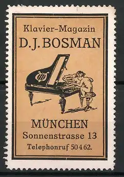 Reklamemarke Klavier-Magazin von D. J. Bosman, Sonnenstrasse 13, München, nackter Bube spielt am Klavier