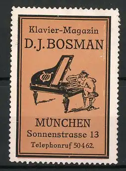 Reklamemarke Klavier-Magazin von D. J. Bosmann, Sonnenstr. 13, München, nachter Bube spielt am Klavier