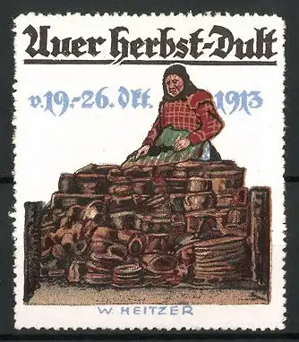 Künstler-Reklamemarke W. Heitzer, München, Auer Herbst-Dult 1913, Marktfrau verkauft Töpferwaren