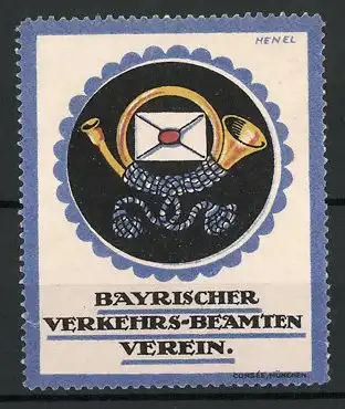 Künstler-Reklamemarke Henel, Bayrischer Verkehrs-Beamten Verein, Posthorn und Brief