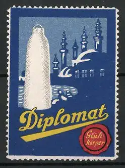 Reklamemarke Diplomat Glühkörper, Glühstrumpf und Stadtansicht