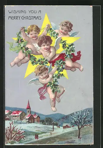 Präge-AK Weihnachtsengel fliegen mit Stern und Beerenzweiggirlande über eine Ortschaft