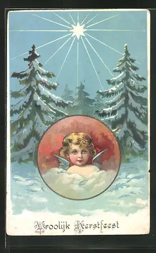 AK Stern strahlt über schneebedeckte Tannenbäume, Portrait eines niedlichen Weihnachtsengels