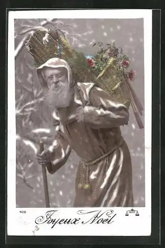 AK Weihnachtsmann stapft mit seinem Rückenkorb durch den Schnee